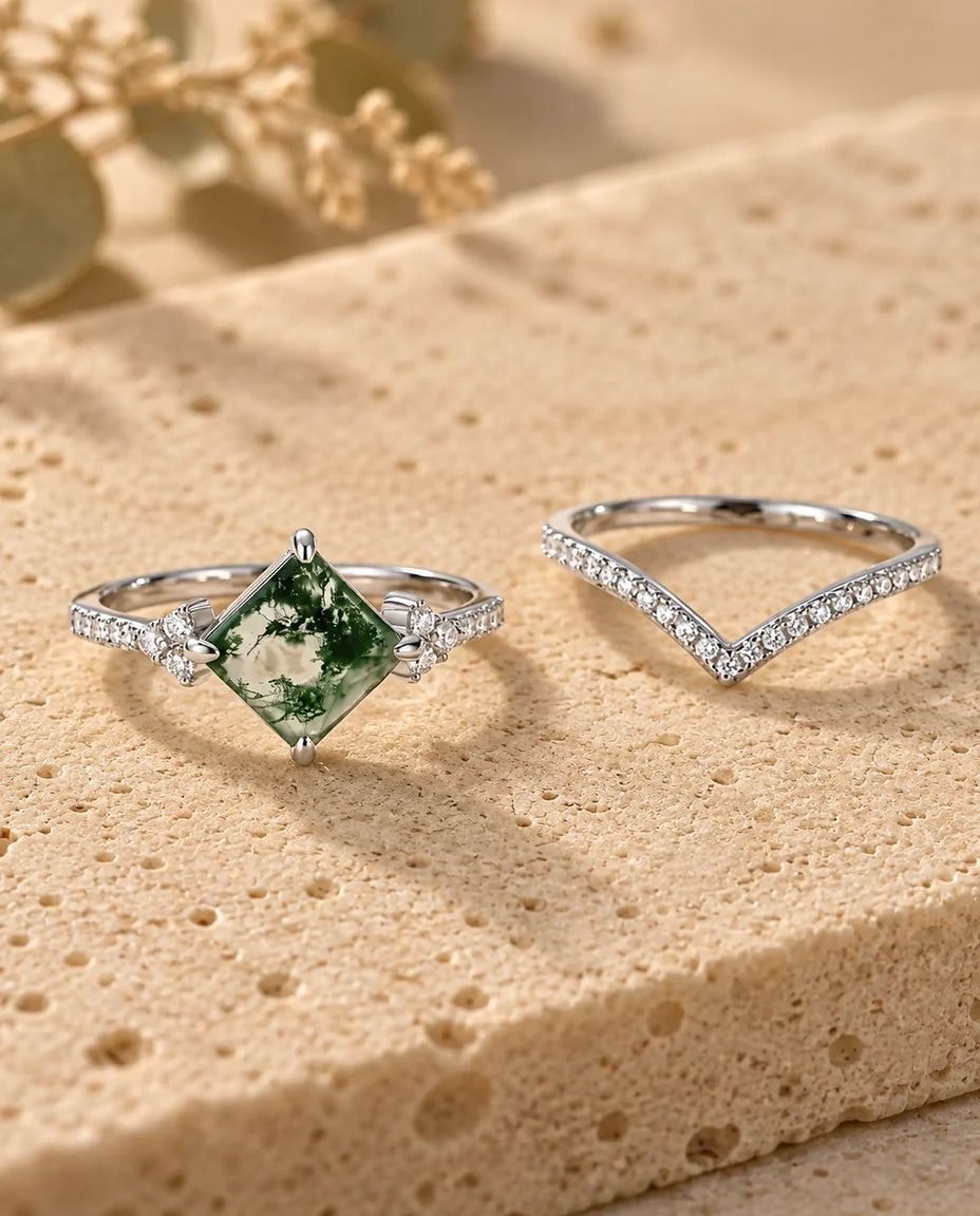 Bague Agate Mousse - les deux bagues du duo côte à côte
