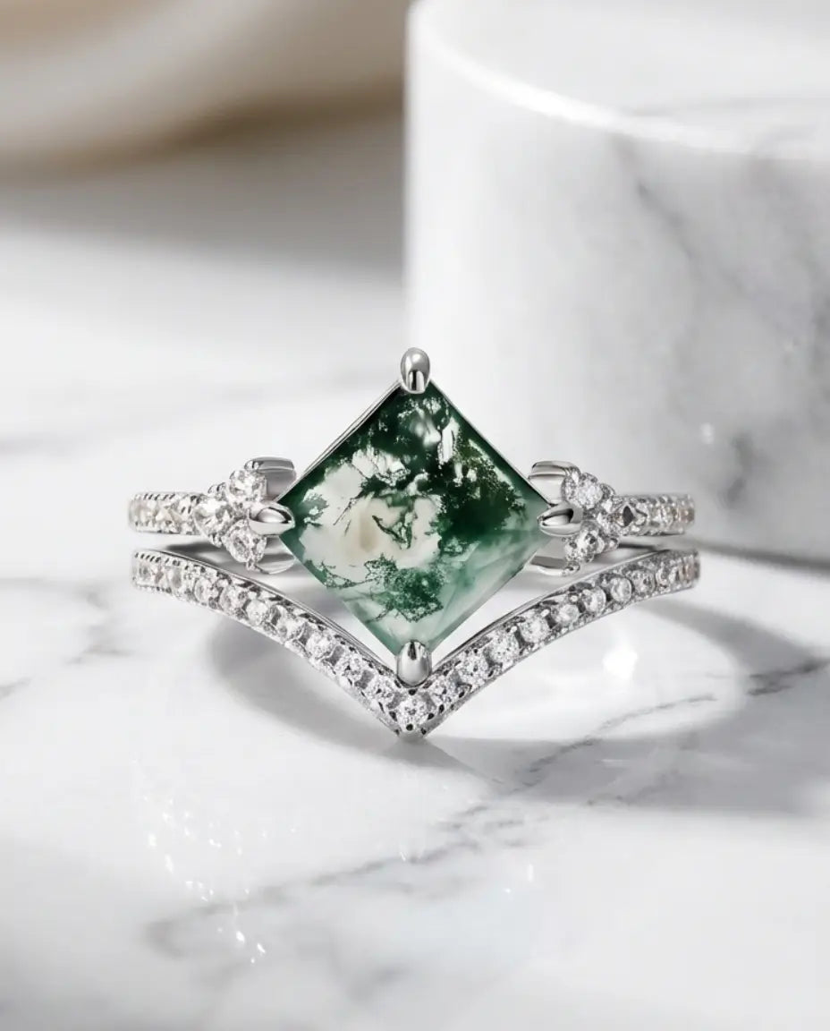 Bague Agate Mousse – Duo de Mariage Taille Princesse en Argent 925, Alliance Chevron Pavée, Cadeau pour Elle