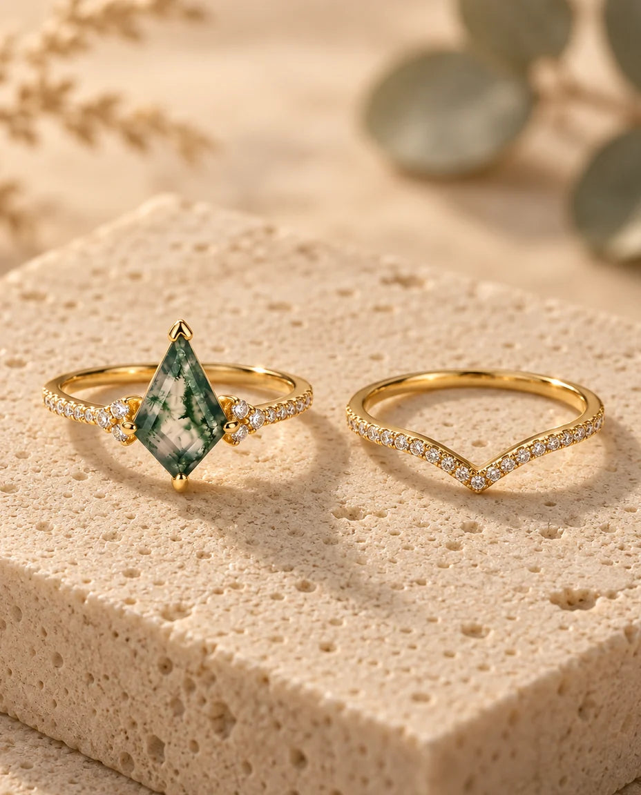 Bague Agate Mousse - les deux bagues du duo côte à côte