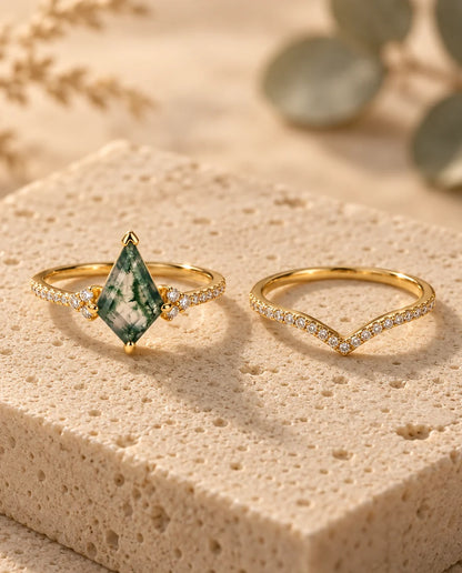 Bague Agate Mousse - les deux bagues du duo côte à côte