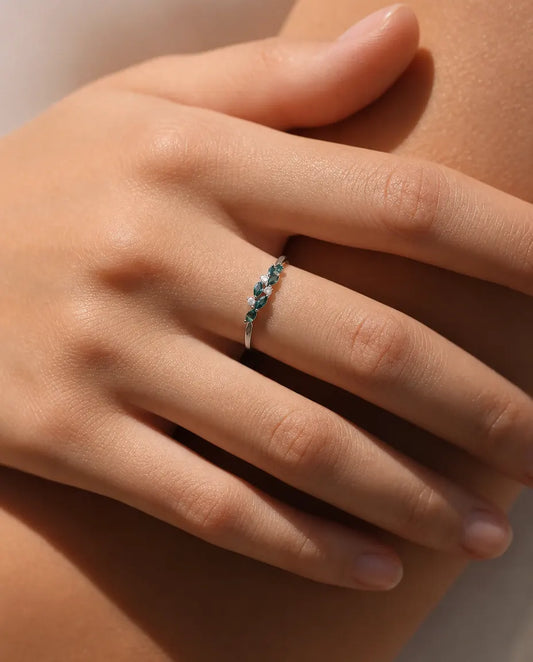 Bague Agate Mousse – Anneau Feuilles Marquises avec Accents Zirconium, Agate Mousse Naturelle, Argent 925, Cadeau Nature pour Elle