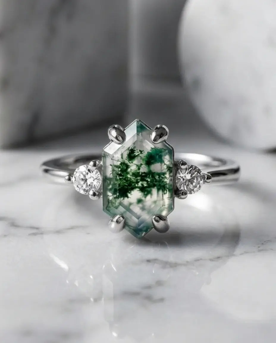 Bague Agate Mousse – Hexagone Trilogie avec Zircons, Anneau Ouvert Ajustable, Argenté ou Doré, cadeau pour Elle