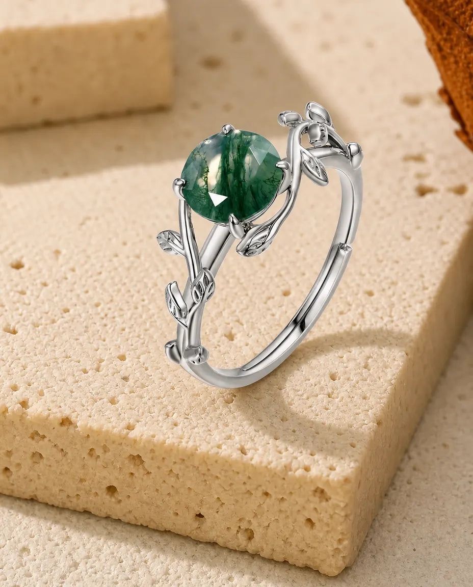 Bague Agate Mousse taille rose – Anneau lierre et feuilles sculptées en argent 925, ouvert ajustable, cadeau nature pour Elle