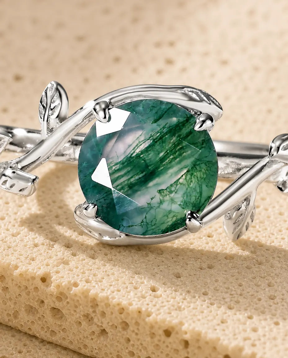 Bague Agate Mousse taille rose – Anneau lierre et feuilles sculptées en argent 925, ouvert ajustable, cadeau nature pour Elle