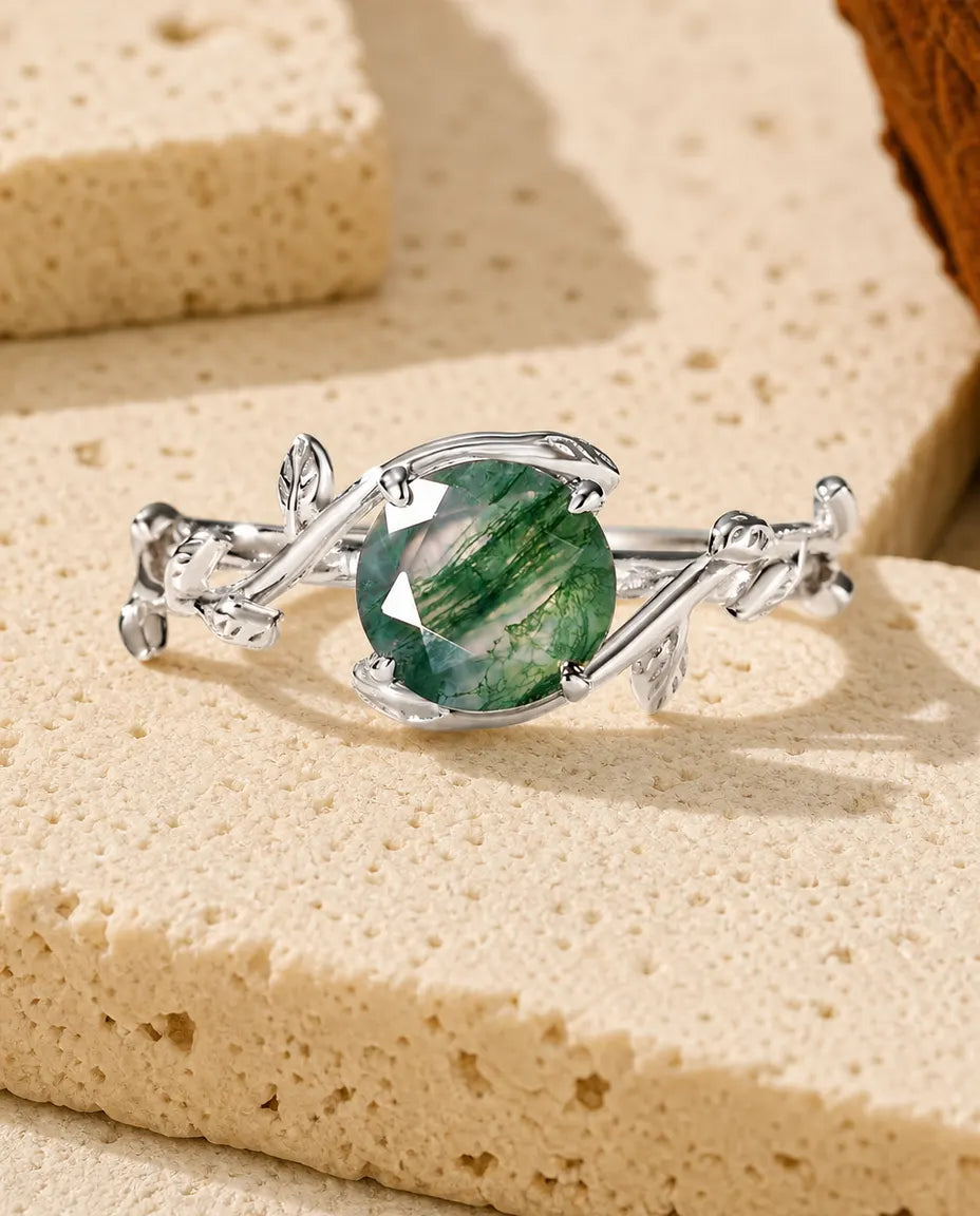 Bague Agate Mousse taille rose – Anneau lierre et feuilles sculptées en argent 925, ouvert ajustable, cadeau nature pour Elle