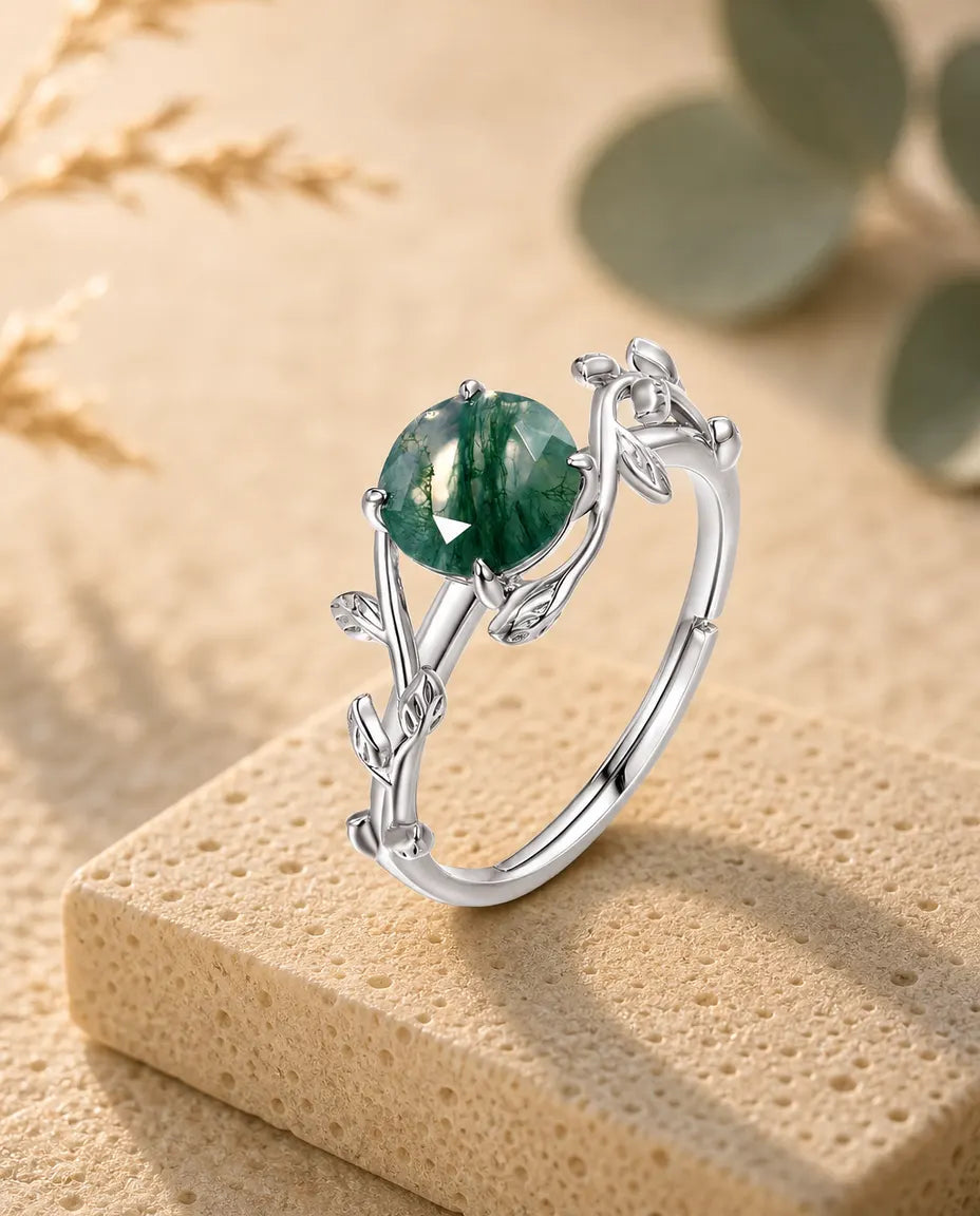 Bague Agate Mousse taille rose – Anneau lierre et feuilles sculptées en argent 925, ouvert ajustable, cadeau nature pour Elle