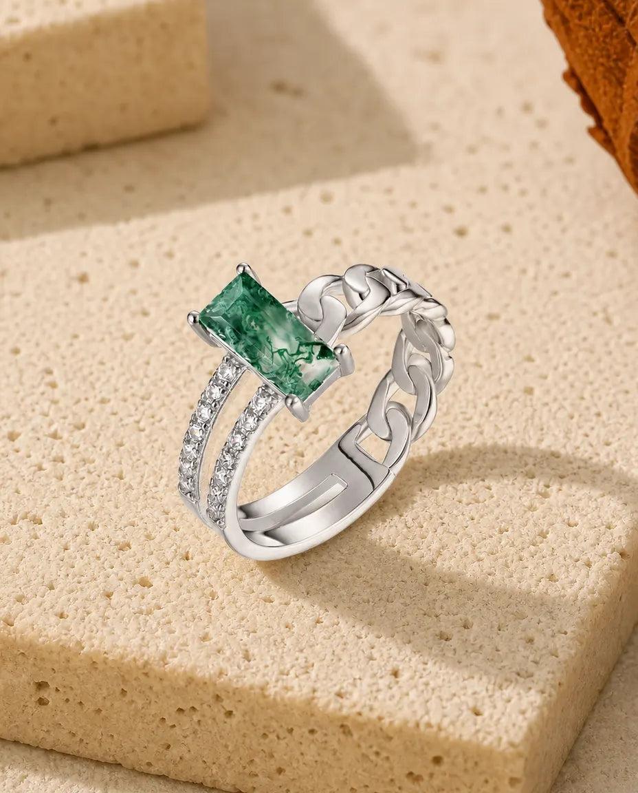 Bague Agate Mousse – Taille Émeraude Sertie à l'Horizontale, Maille Cubaine et Double Rang Pavé, Argent 925, Bague pour Femme