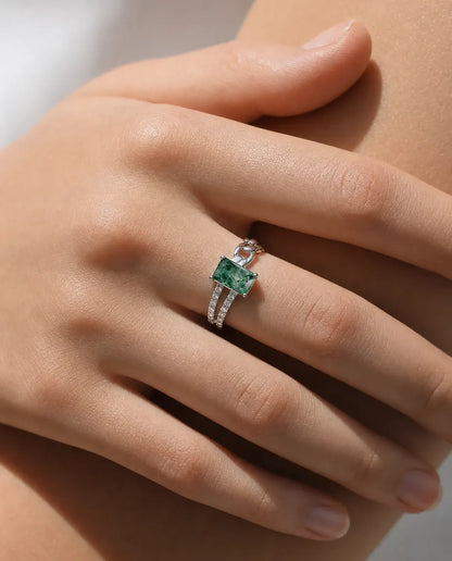 Bague Agate Mousse – Taille Émeraude Sertie à l'Horizontale, Maille Cubaine et Double Rang Pavé, Argent 925, Bague pour Femme