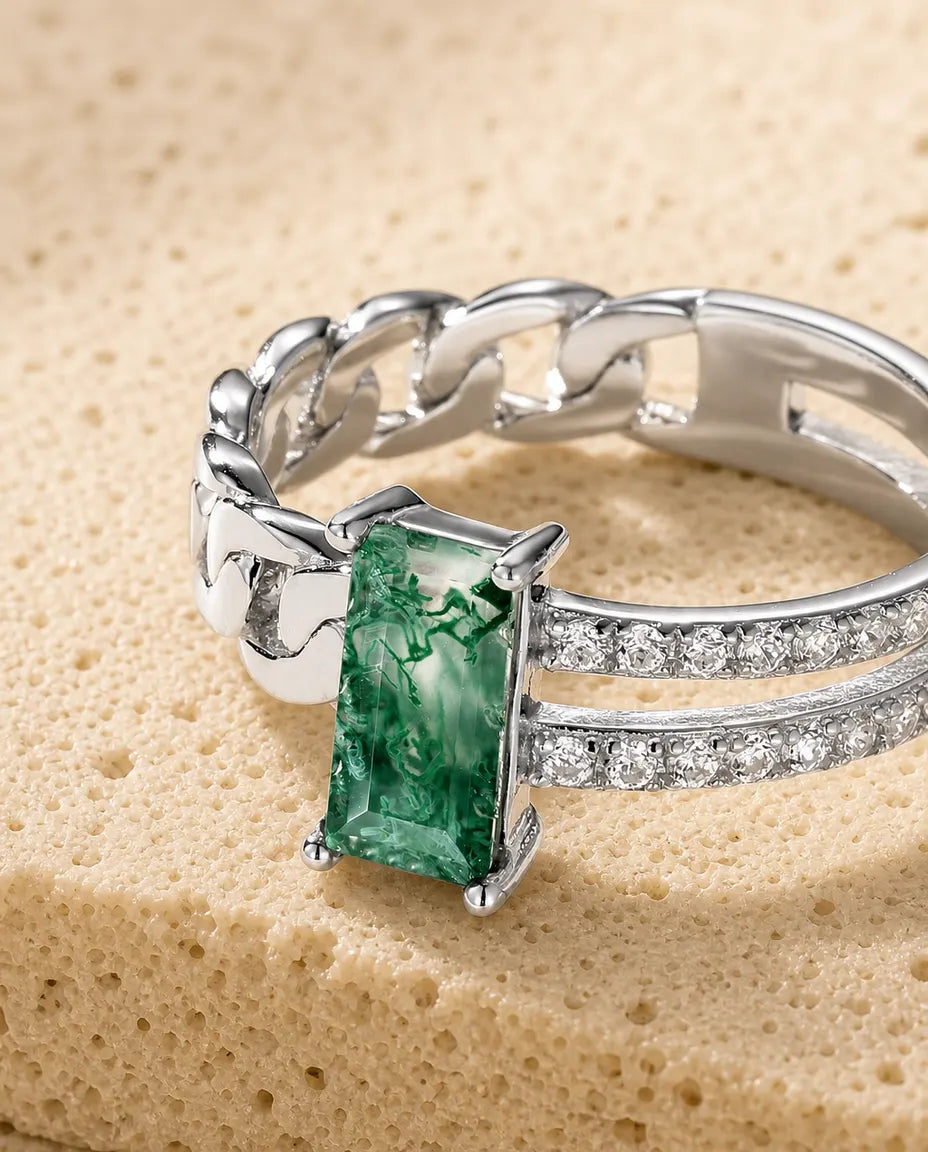 Bague Agate Mousse – Taille Émeraude Sertie à l'Horizontale, Maille Cubaine et Double Rang Pavé, Argent 925, Bague pour Femme
