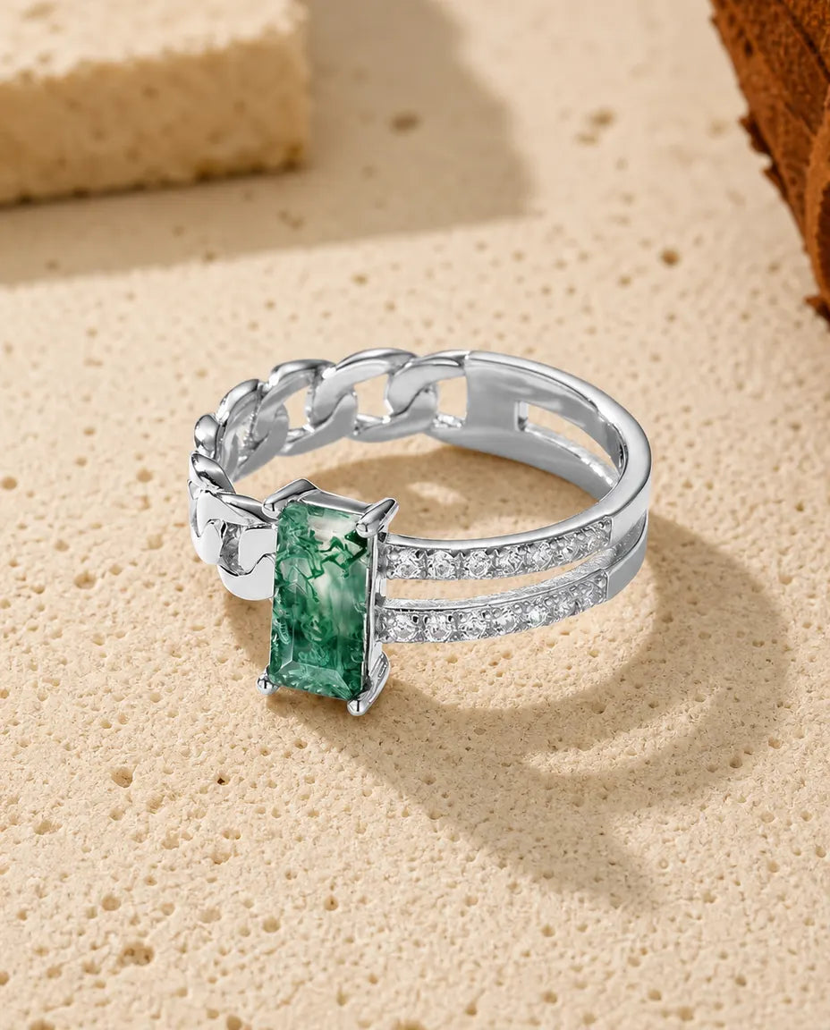 Bague Agate Mousse – Taille Émeraude Sertie à l'Horizontale, Maille Cubaine et Double Rang Pavé, Argent 925, Bague pour Femme