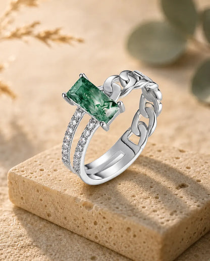 Bague Agate Mousse – Taille Émeraude Sertie à l'Horizontale, Maille Cubaine et Double Rang Pavé, Argent 925, Bague pour Femme