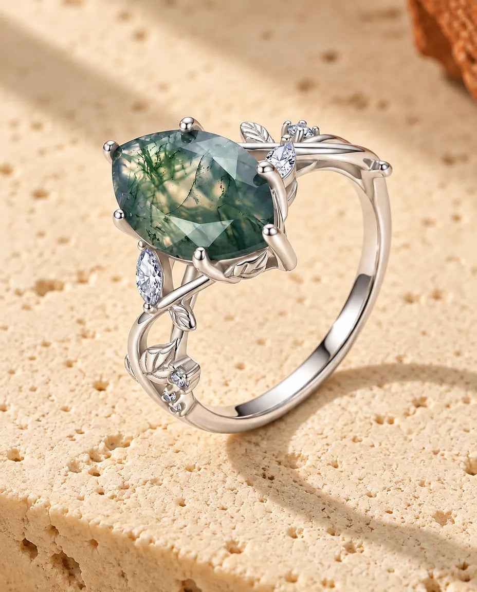 Bague Agate Mousse – Solitaire Marquise sur Lianes d'Argent avec Feuilles et Zircons, Bague de Fiançailles Nature en Argent 925