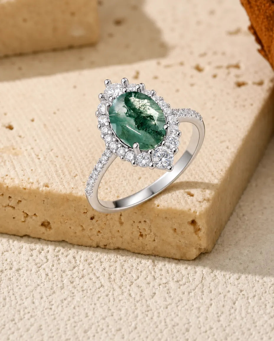 Bague Agate Mousse – Ovale Facetté avec Halo et Anneau Pavé en Argent 925, Bague de Fiançailles Nature pour Femme