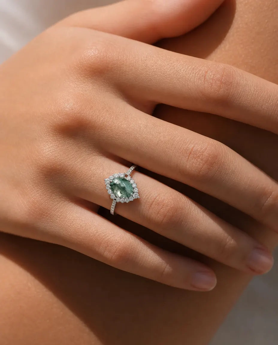 Bague Agate Mousse – Ovale Facetté avec Halo et Anneau Pavé en Argent 925, Bague de Fiançailles Nature pour Femme