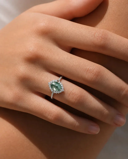 Bague Agate Mousse – Ovale Facetté avec Halo et Anneau Pavé en Argent 925, Bague de Fiançailles Nature pour Femme