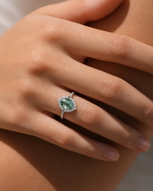 Bague Agate Mousse – Ovale Facetté avec Halo et Anneau Pavé en Argent 925, Bague de Fiançailles Nature pour Femme