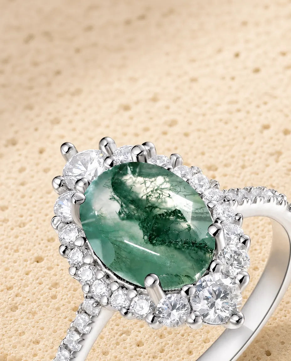 Bague Agate Mousse – Ovale Facetté avec Halo et Anneau Pavé en Argent 925, Bague de Fiançailles Nature pour Femme