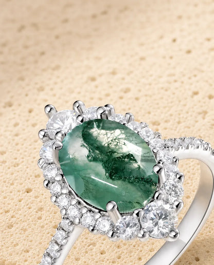 Bague Agate Mousse – Ovale Facetté avec Halo et Anneau Pavé en Argent 925, Bague de Fiançailles Nature pour Femme