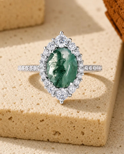 Bague Agate Mousse – Ovale Facetté avec Halo et Anneau Pavé en Argent 925, Bague de Fiançailles Nature pour Femme