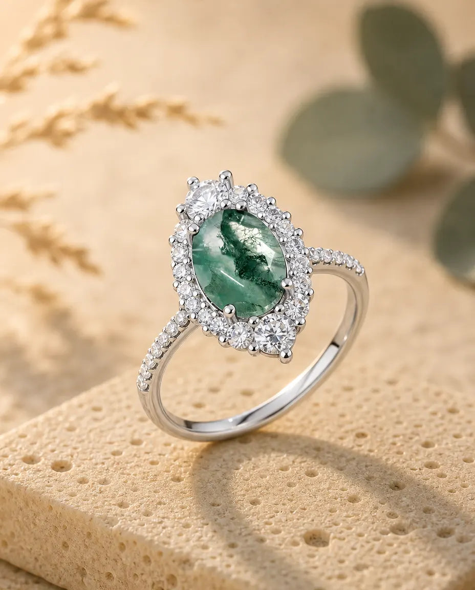 Bague Agate Mousse – Ovale Facetté avec Halo et Anneau Pavé en Argent 925, Bague de Fiançailles Nature pour Femme