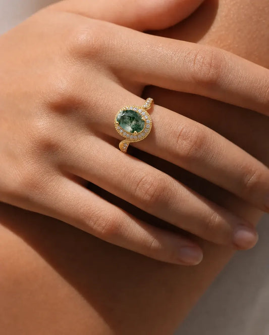Bague Agate Mousse – Ovale Taille Rose avec Halo Millegrain, Argent 925 Plaqué Or 10K, Bague Vintage Femme