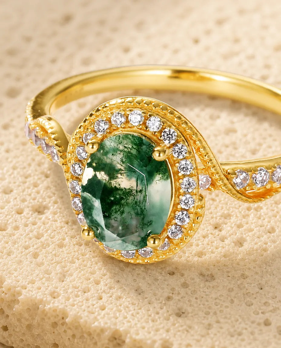 Bague Agate Mousse – Ovale Taille Rose avec Halo Millegrain, Argent 925 Plaqué Or 10K, Bague Vintage Femme