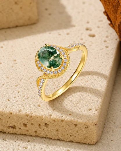 Bague Agate Mousse – Ovale Taille Rose avec Halo Millegrain, Argent 925 Plaqué Or 10K, Bague Vintage Femme