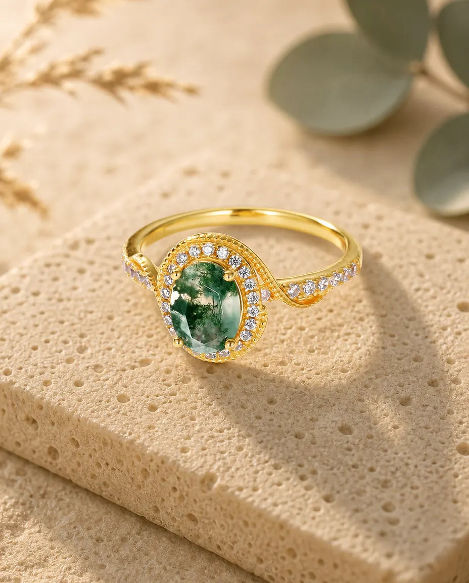 Bague Agate Mousse – Ovale Taille Rose avec Halo Millegrain, Argent 925 Plaqué Or 10K, Bague Vintage Femme