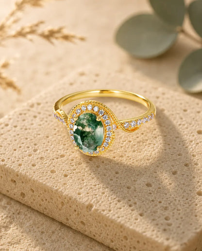 Bague Agate Mousse – Ovale Taille Rose avec Halo Millegrain, Argent 925 Plaqué Or 10K, Bague Vintage Femme