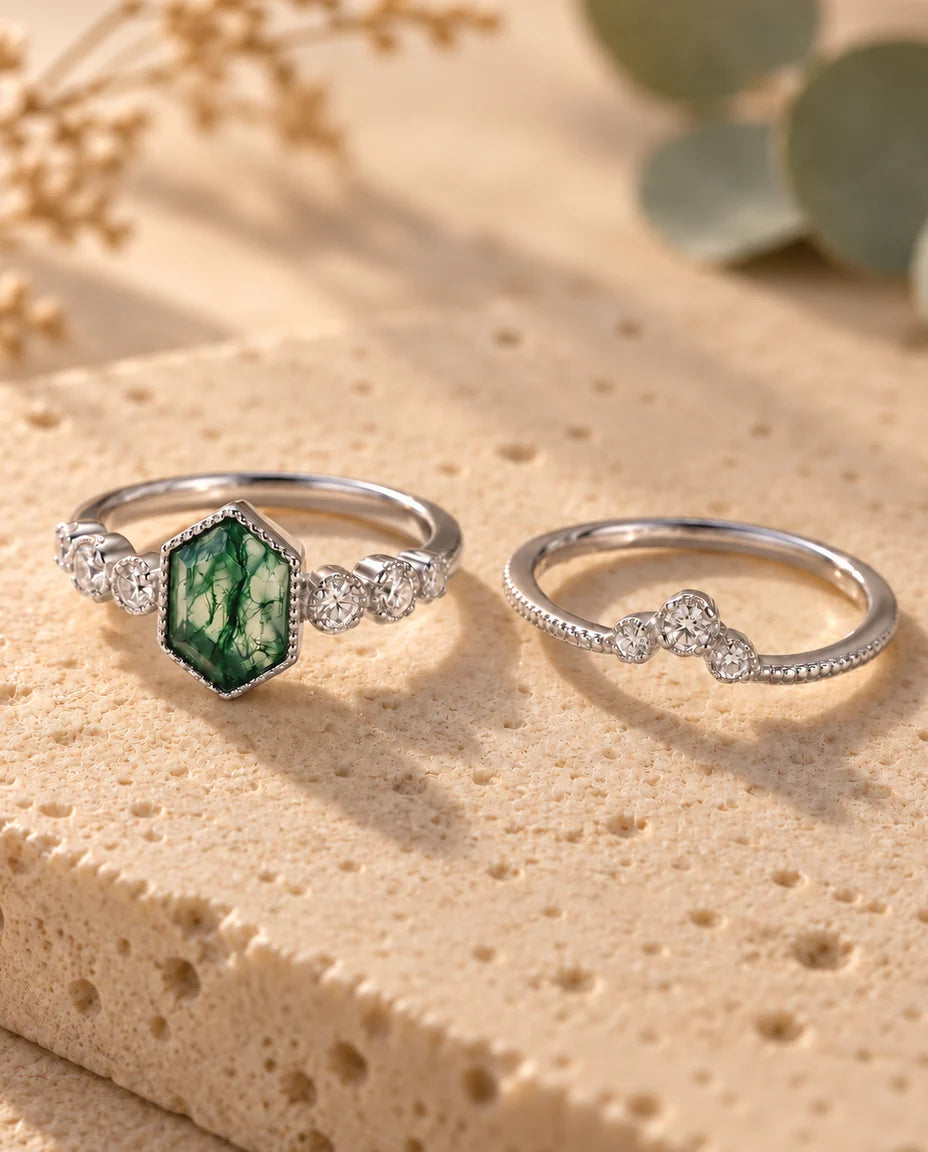 Bague Agate Mousse - les deux bagues du duo côte à côte