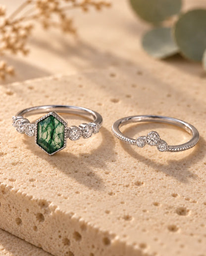 Bague Agate Mousse - les deux bagues du duo côte à côte