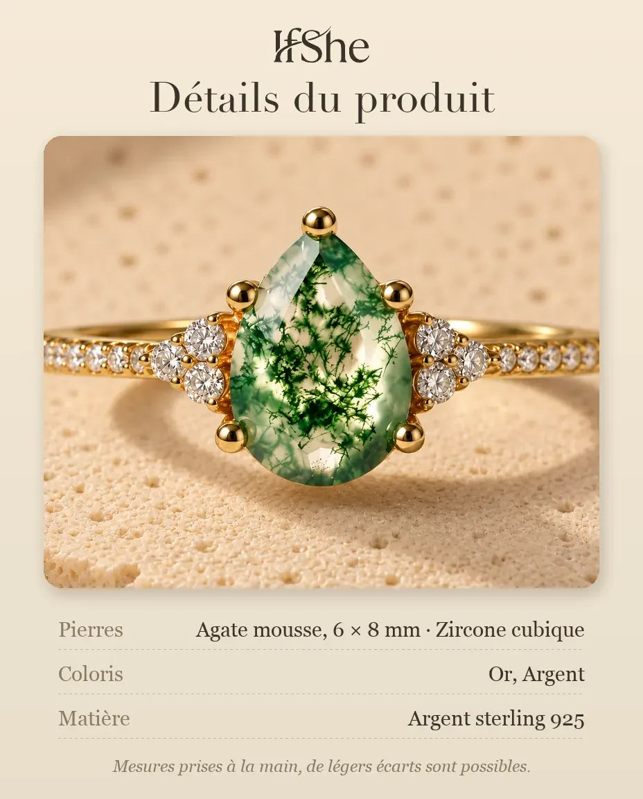 Bague Agate Mousse taille poire - dimensions et matière