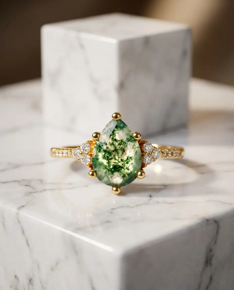 Bague Agate Mousse taille poire – Argent 925 ou plaqué or, épaules pavées de zircons, cadeau pour Elle