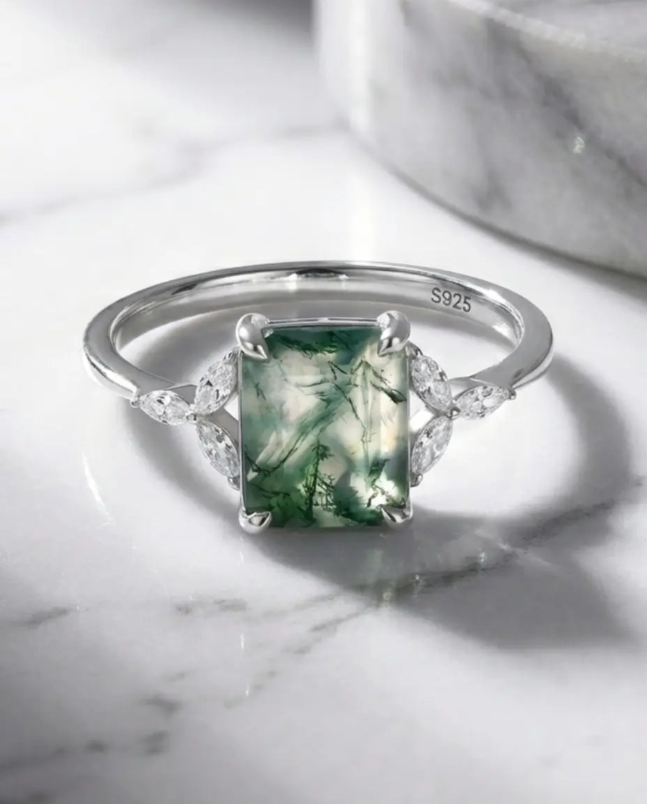 Bague Agate Mousse – Taille Émeraude, Argent 925, Motif Feuilles Vintage, Bague de Fiançailles Nature, cadeau pour Elle