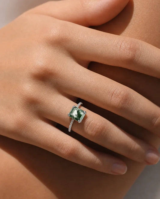 Bague Agate Mousse – Taille Émeraude avec Épaules Pavées, Argent Sterling 925, Bague de Fiançailles Nature, Cadeau pour Elle