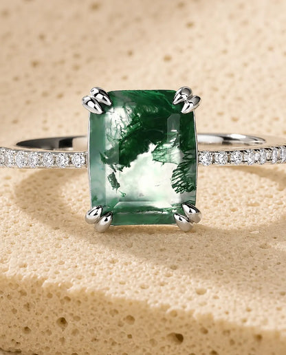 Bague Agate Mousse – Taille Émeraude avec Épaules Pavées, Argent Sterling 925, Bague de Fiançailles Nature, Cadeau pour Elle