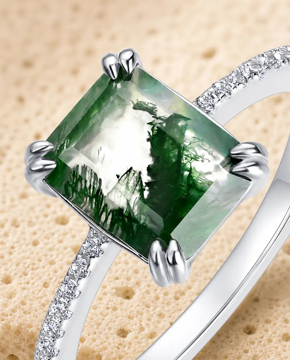 Bague Agate Mousse – Taille Émeraude avec Épaules Pavées, Argent Sterling 925, Bague de Fiançailles Nature, Cadeau pour Elle