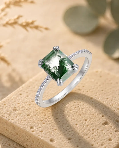 Bague Agate Mousse – Taille Émeraude avec Épaules Pavées, Argent Sterling 925, Bague de Fiançailles Nature, Cadeau pour Elle