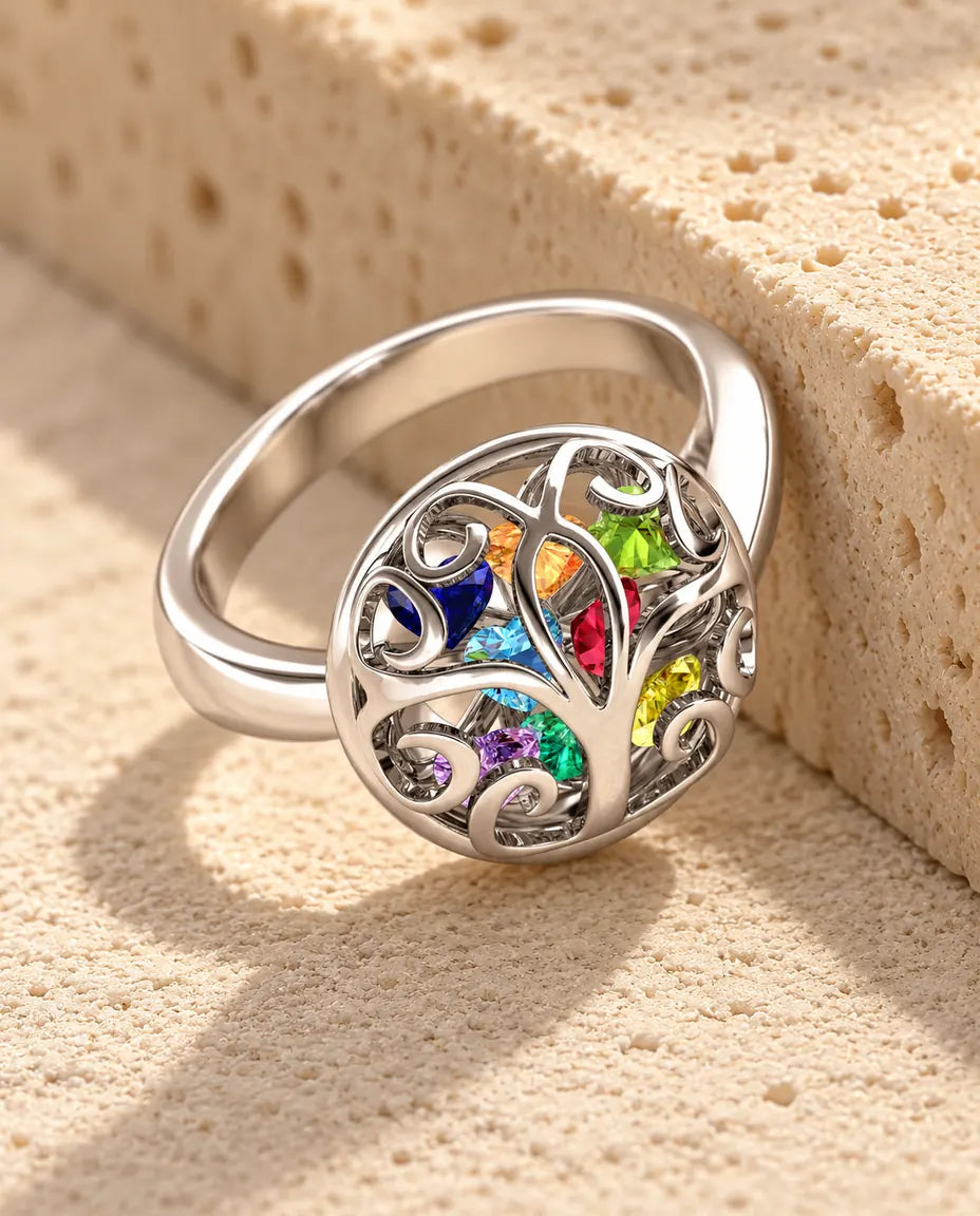 Bague arbre de vie 9 pierres de naissance - bague de famille en argent 925 - en argent sterling