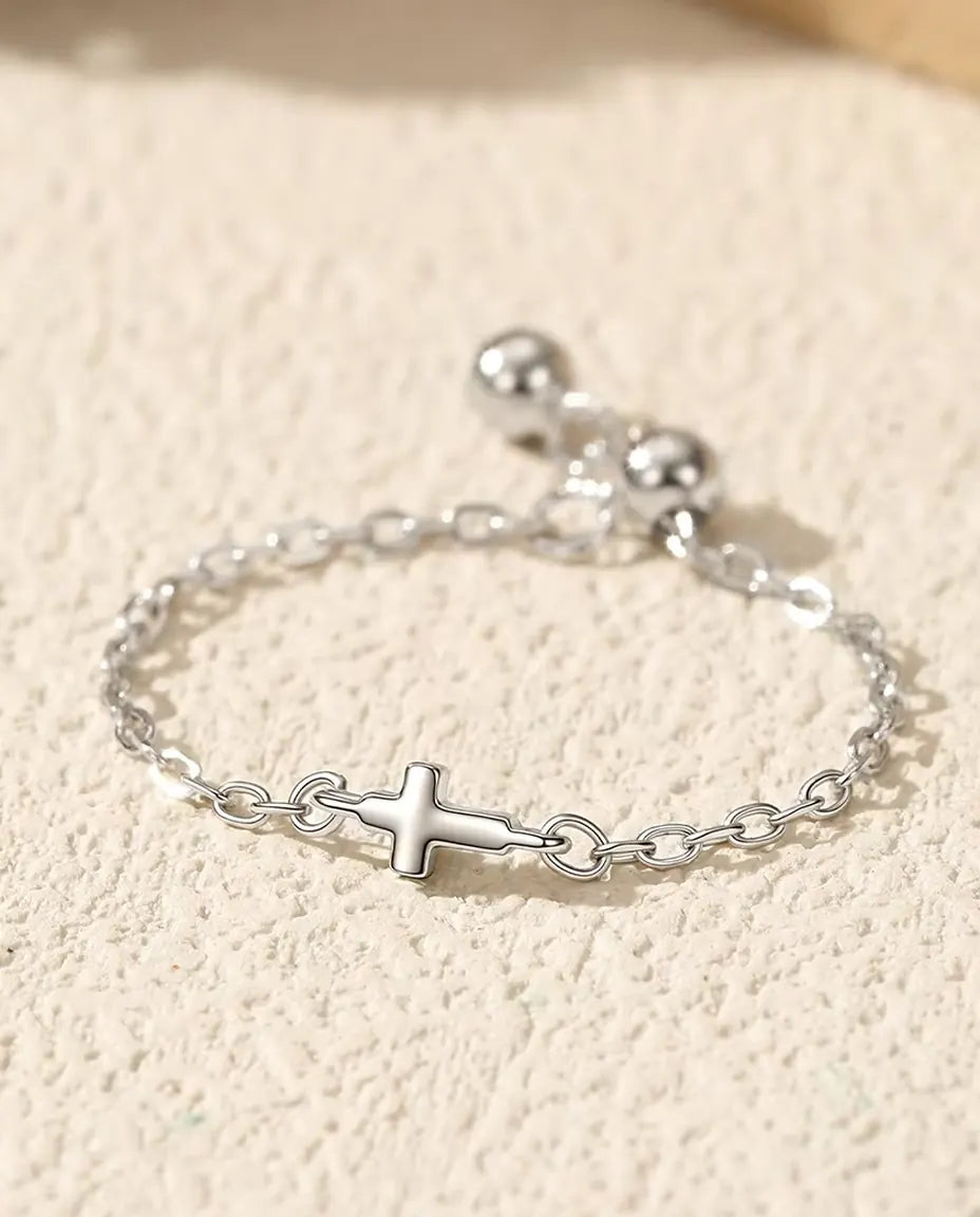Bague Chaîne Croix - croix polie de 3 x 4 mm sur chaîne forçat fine avec billes coulissantes, réglable, argent 925, US 3 à 9