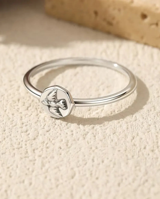 Bague chevalière colombe en argent 925 – fine bague oiseau à plateau octogonal, anneau minimaliste à empiler pour femme, tailles 5-9