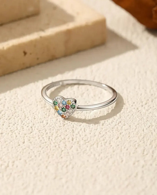 Bague cœur arc-en-ciel en argent 925 – cœur pavé de zircons multicolores, anneau fin à empiler pour femme, tailles 5-9