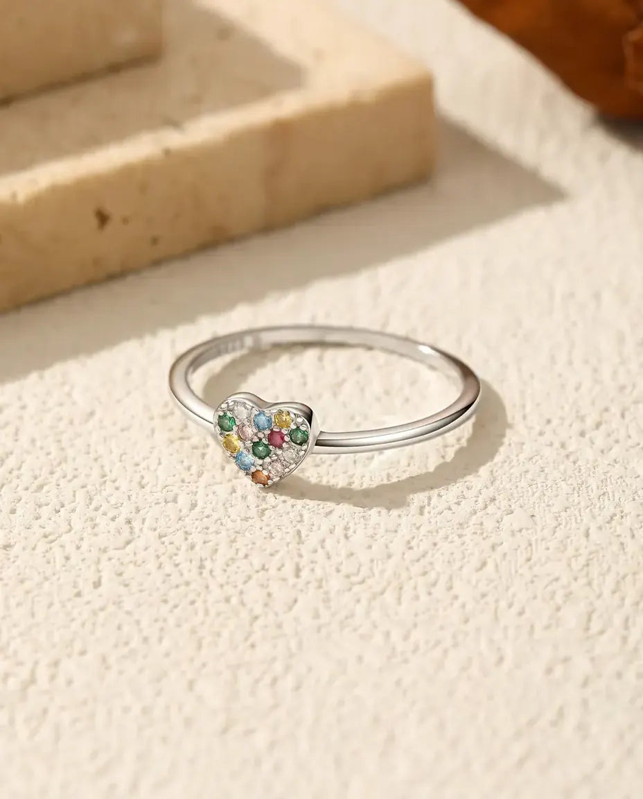 Bague cœur arc-en-ciel en argent 925 – cœur pavé de zircons multicolores, anneau fin à empiler pour femme, tailles 5-9