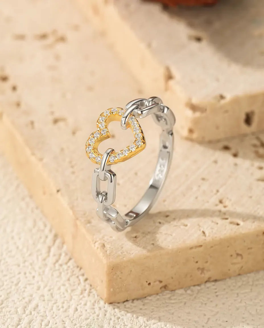 Bague Cœur à maillons bicolore - cœur ajouré doré sur anneau maillons, tailles 5 à 9, argent 925