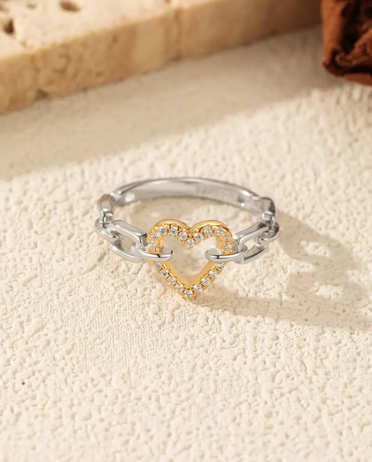 Bague Cœur à maillons bicolore - cœur ajouré doré sur anneau maillons, tailles 5 à 9, argent 925