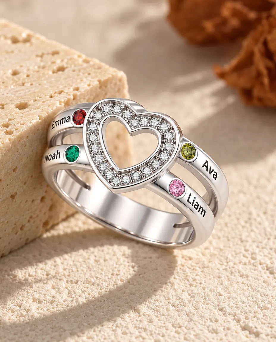 Bague pierre de naissance personnalisée 2, 4 ou 6 prénoms - bague de famille empilable cœur ouvert avec prénoms gravés et pierres simulées, rhodiée