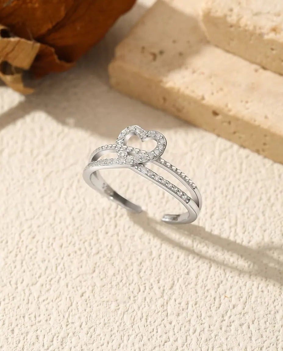 Bague Cœur Ouvert en Zircon - cœur de 8 mm sur deux anneaux croisés, argent 925, ajustable des tailles 6 à 9