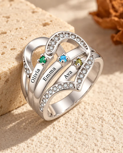 Bague pierre de naissance personnalisée 3-4 prénoms et gravure intérieure - bague de famille cœur avec prénoms gravés et pierres simulées, rhodiée