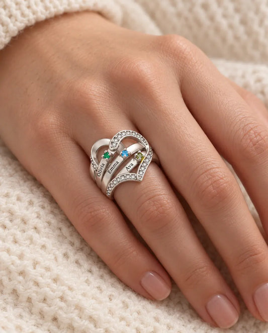 Bague pierre de naissance personnalisée 3-4 prénoms et gravure intérieure - bague de famille cœur avec prénoms gravés et pierres simulées, rhodiée