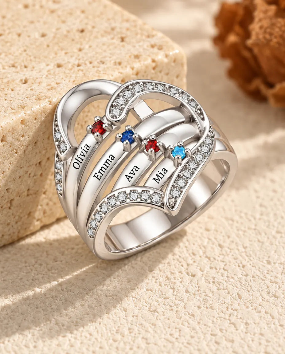 Bague pierre de naissance personnalisée 3-4 prénoms et gravure intérieure - bague de famille cœur avec prénoms gravés et pierres simulées, rhodiée